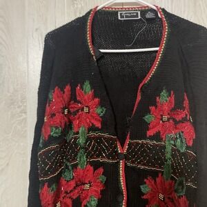Garland‎ Womens Cardigan Sweater Black Poinsettia Embroidered Long Sleeve M